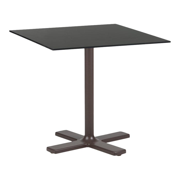 Modern square table with a sleek black glass top and a sturdy brown metal base, perfect for contemporary decor.