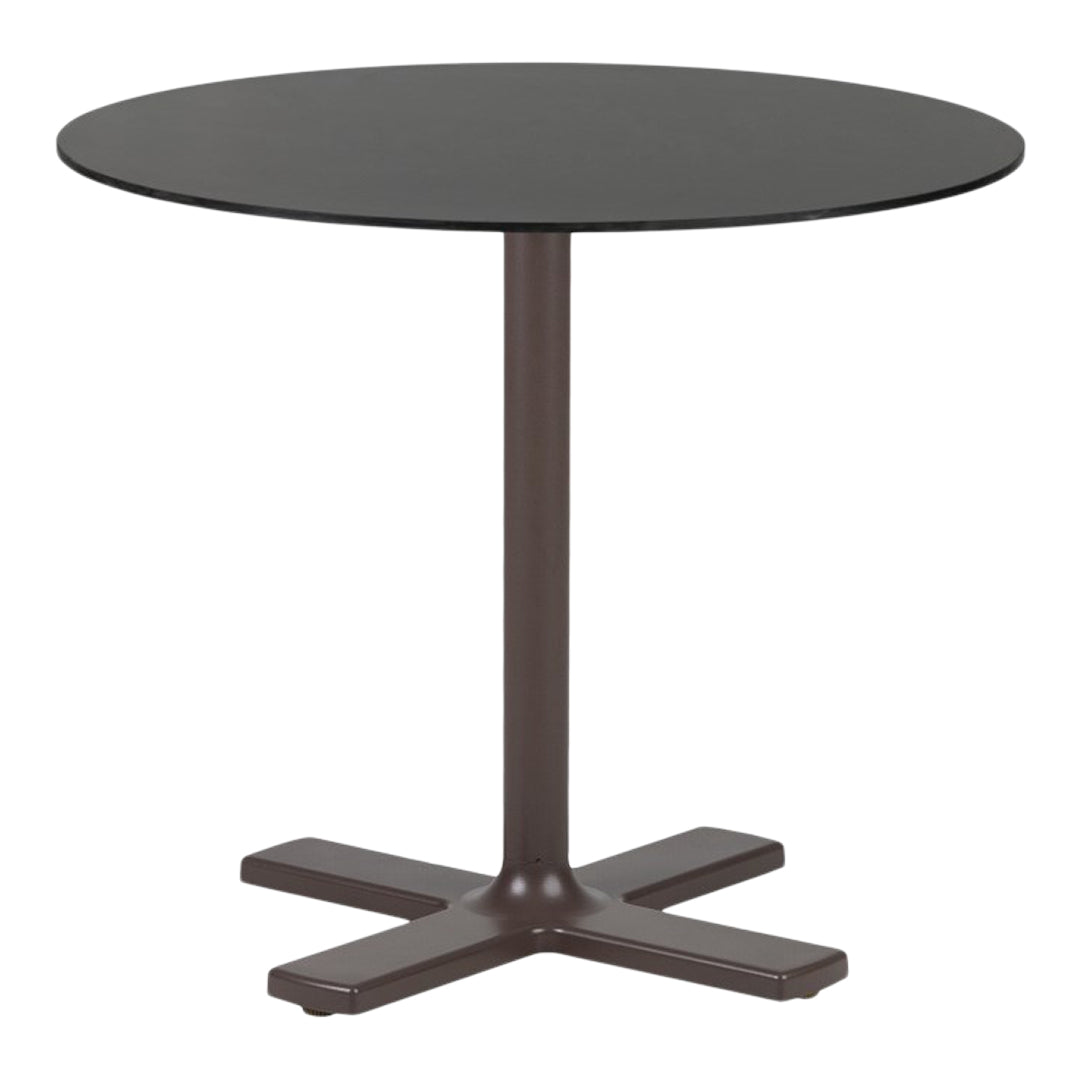 Round black tabletop with a sleek brown cross base, offering a modern and minimalist design. Ideal for dining or café settings.