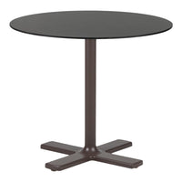 Round black tabletop with a sleek brown cross base, offering a modern and minimalist design. Ideal for dining or café settings.
