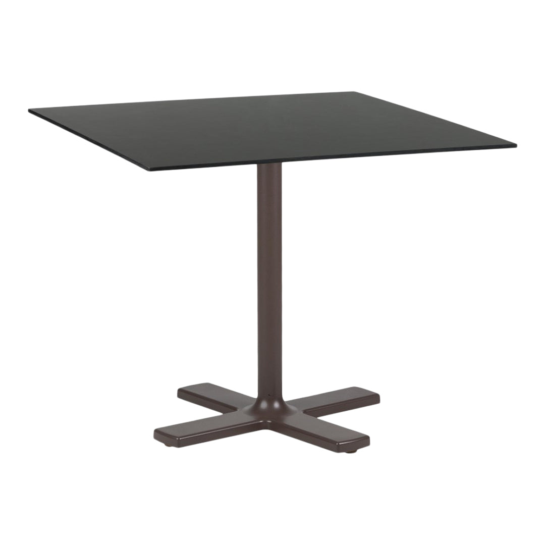 Black square tabletop with a sleek, smooth surface, supported by a brown four-legged base.