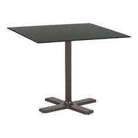 Black square tabletop with a sleek, smooth surface, supported by a brown four-legged base.
