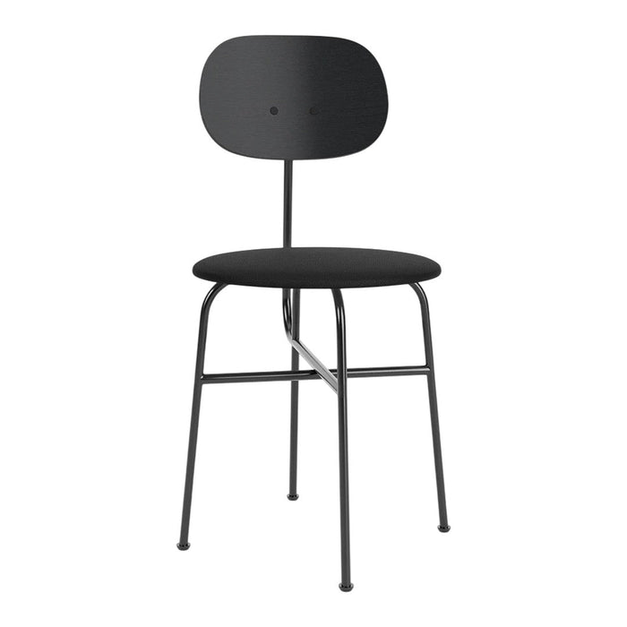 Black metal chair with a minimalistic design and smooth surface, featuring a round seat and curved backrest.