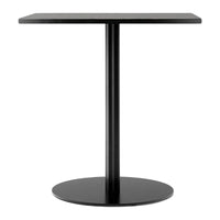 Black square dining table with a sleek metal pedestal and circular base. Modern, minimalist design perfect for any space.