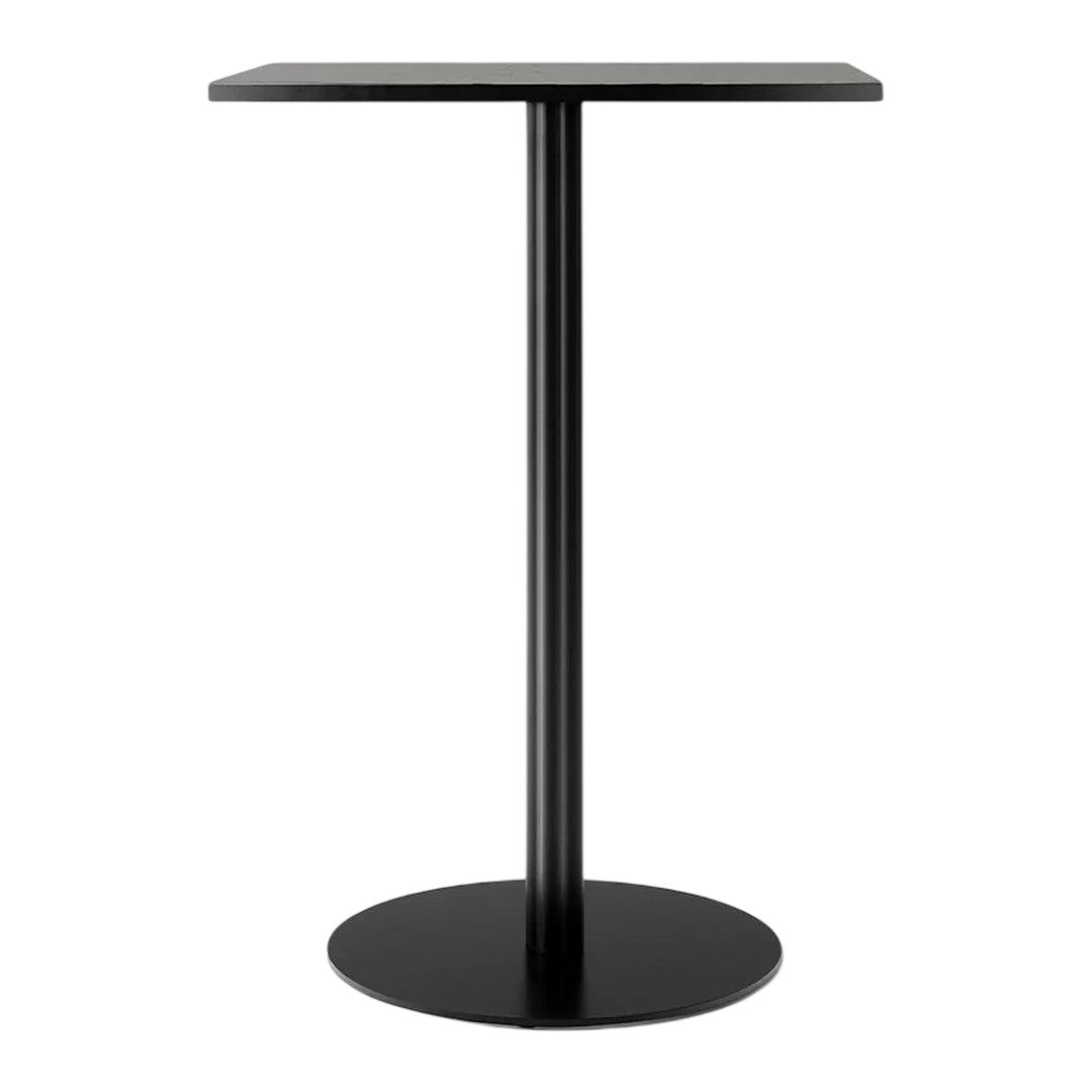 Sleek black bar table with a round base and minimalist design, featuring a smooth surface and straight lines.