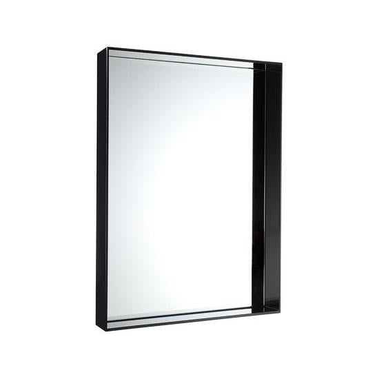 Sleek rectangular mirror with a minimalist black frame, featuring smooth, reflective surfaces for modern decor.