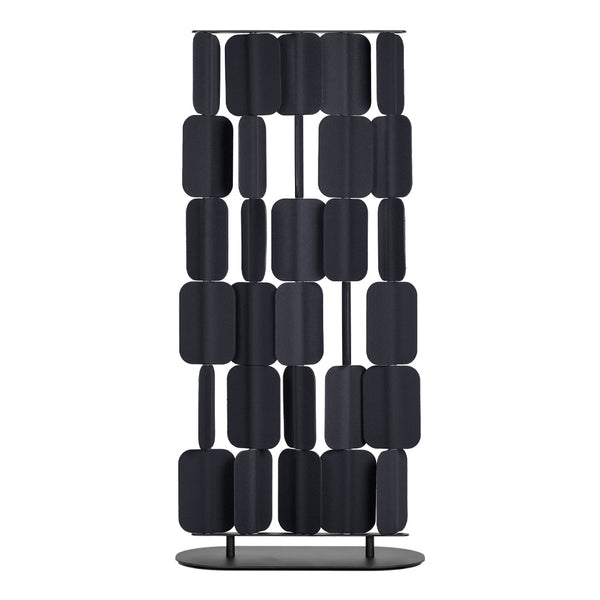 Black modern decorative room divider with a geometric pattern of rectangular shapes. Elegant and stylish design.
