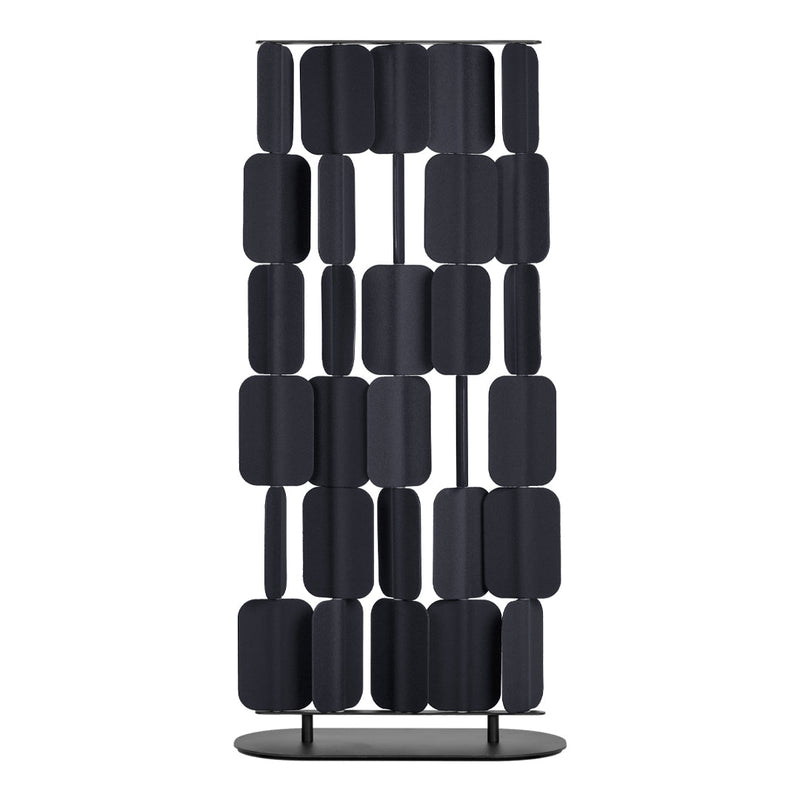 Black modern decorative room divider with a geometric pattern of rectangular shapes. Elegant and stylish design.