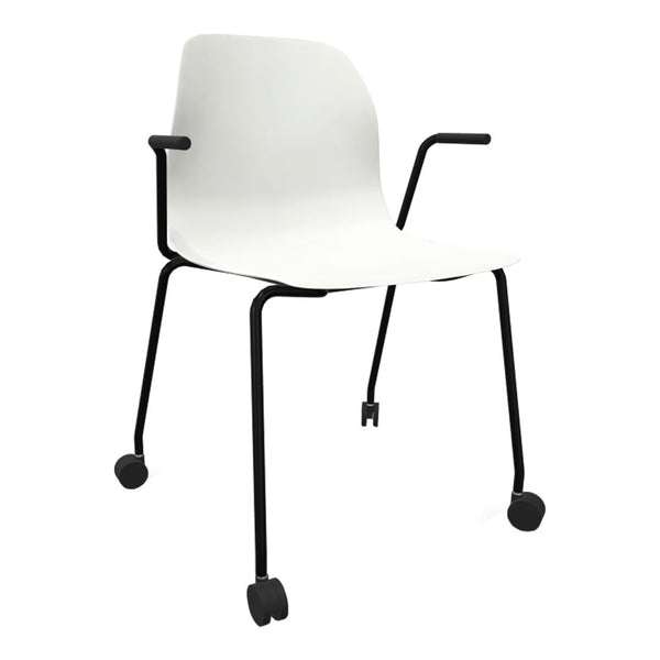 White chair with a sleek design and black metal legs, featuring a minimalist aesthetic ideal for modern spaces.