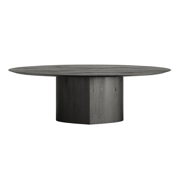 Round black wooden table with a smooth finish and subtle wood grain pattern. Ideal for modern decor.