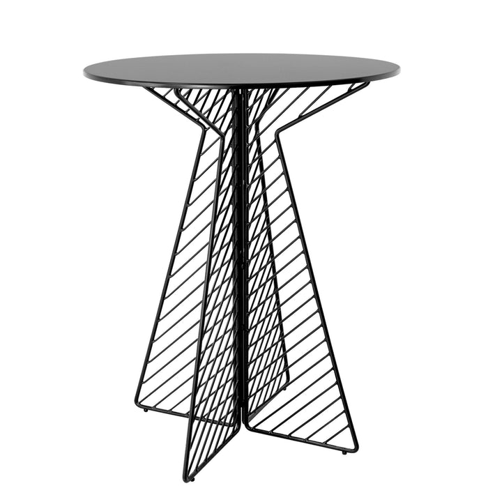Black geometric table with a striped wire frame and smooth round top. Modern design adds a sleek touch to any space.