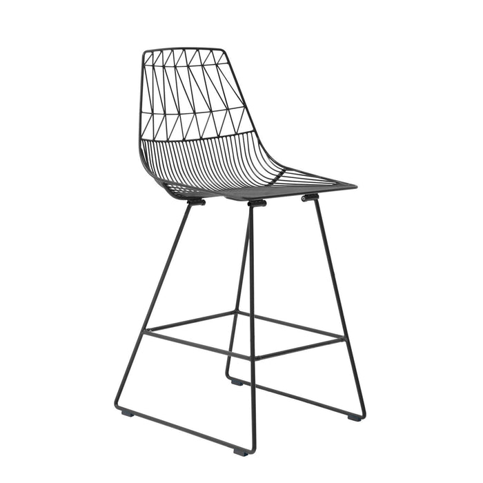 Modern black wire bar stool with a geometric pattern and sleek design, perfect for contemporary spaces.