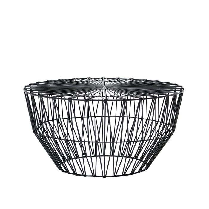 Black wire basket with geometric pattern and open design for modern home decor. Perfect for storage or display.