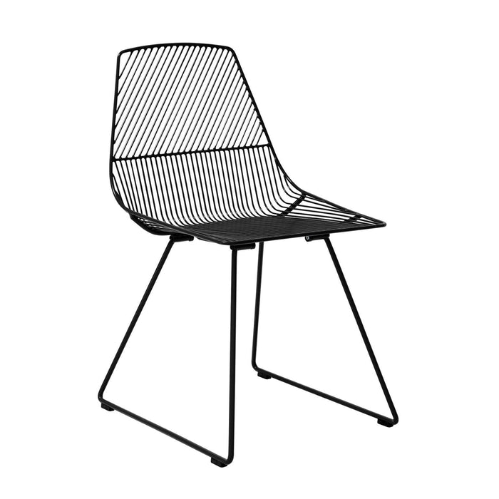 Black wireframe chair with a sleek, minimalist design featuring linear patterns and open spaces. Perfect for modern decor.