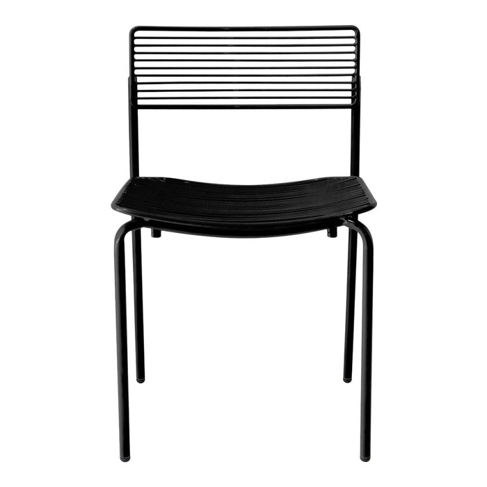 Black metal chair with a sleek, minimalist design featuring horizontal stripes on the backrest and a curved seat.