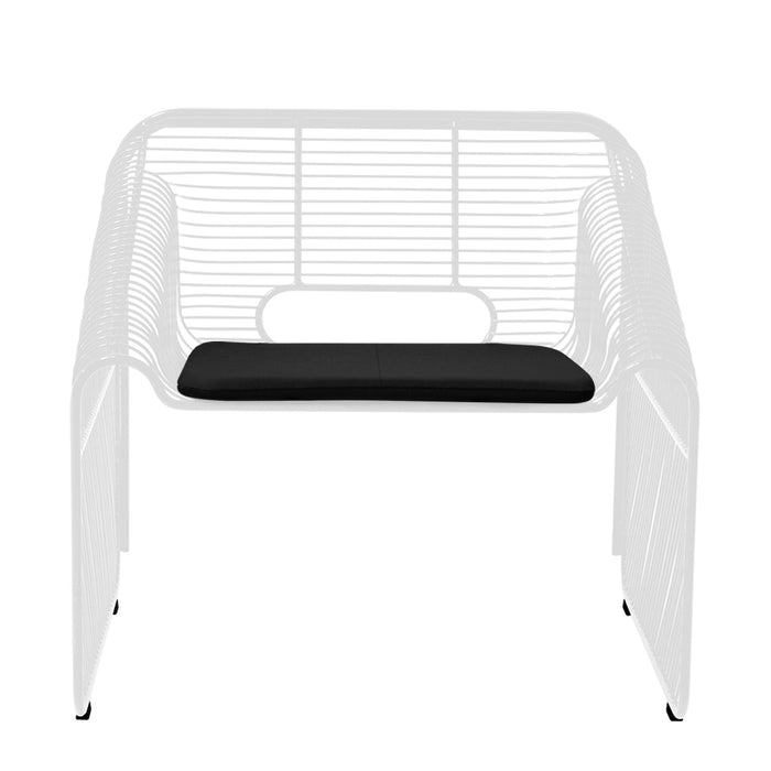 Modern white metal chair with sleek lines and a black cushion, perfect for contemporary spaces.