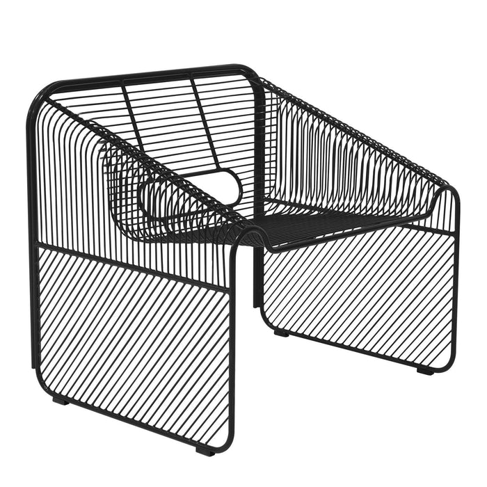 Black wireframe chair with angular lines and minimalistic design, featuring a striped pattern for a modern look.