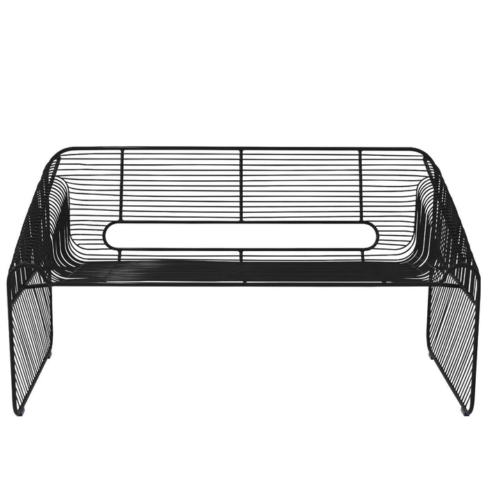 Black wire shelf with a sleek, minimal design and horizontal patterns, perfect for modern decor.