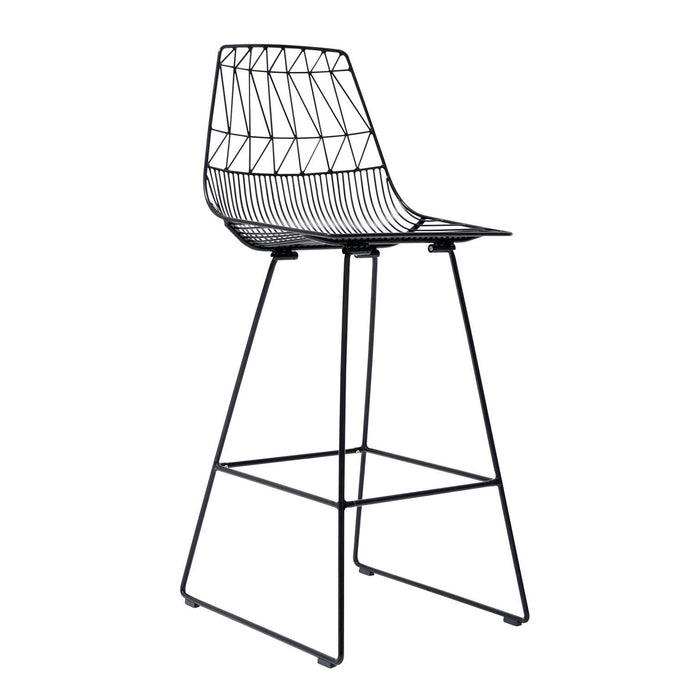 Black wire bar stool with a geometric design and minimalist patterns, perfect for modern decor.