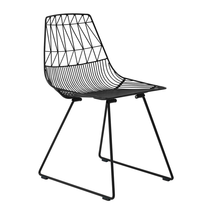 Black wire chair with a geometric pattern and sleek lines, perfect for modern decor.