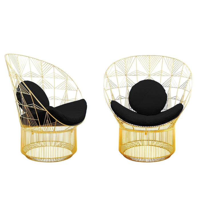 Gold geometric wire chairs with black cushions, showcasing a modern, stylish design. Perfect for contemporary decor.