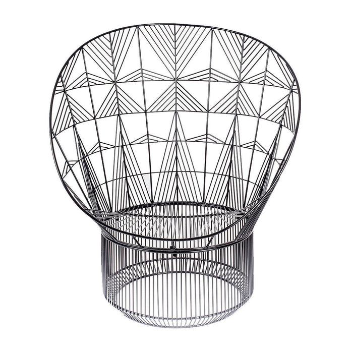 Modern black wire chair with geometric triangle pattern and open design. Ideal for contemporary décor.