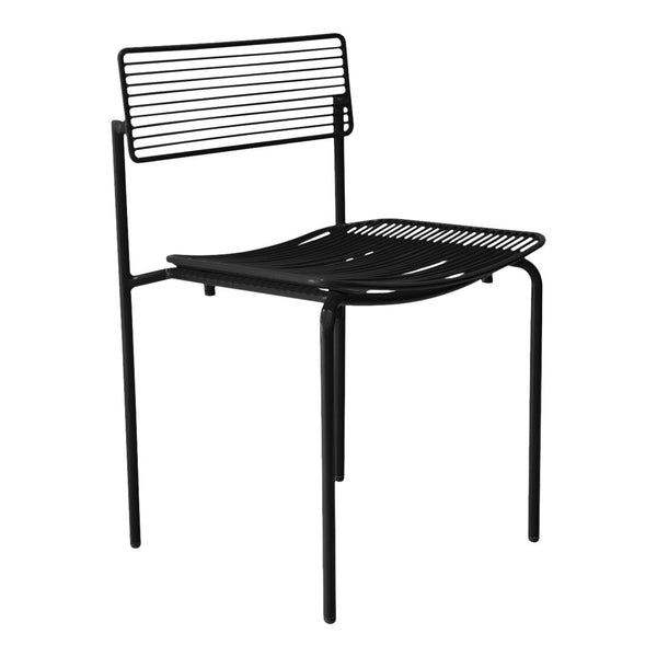 Black metal chair with horizontal and vertical slats, featuring a minimalist design and sleek lines. Perfect for modern decor.