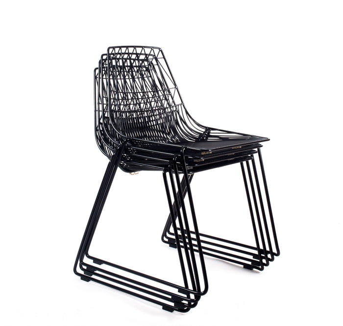Black wireframe chair with a sleek, modern design, featuring an open pattern and minimalist silhouette.