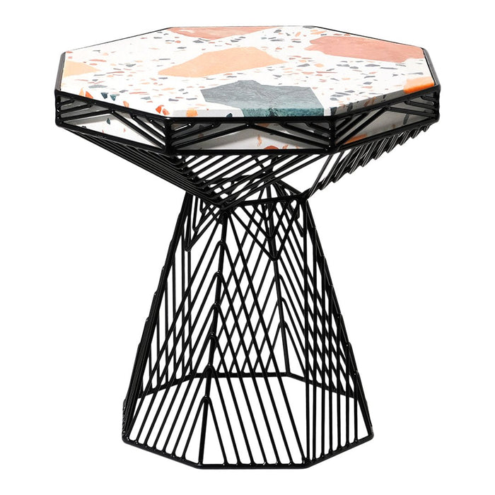 Hexagonal side table with a geometric black wire base and a colorful terrazzo-patterned top in pastel shades.