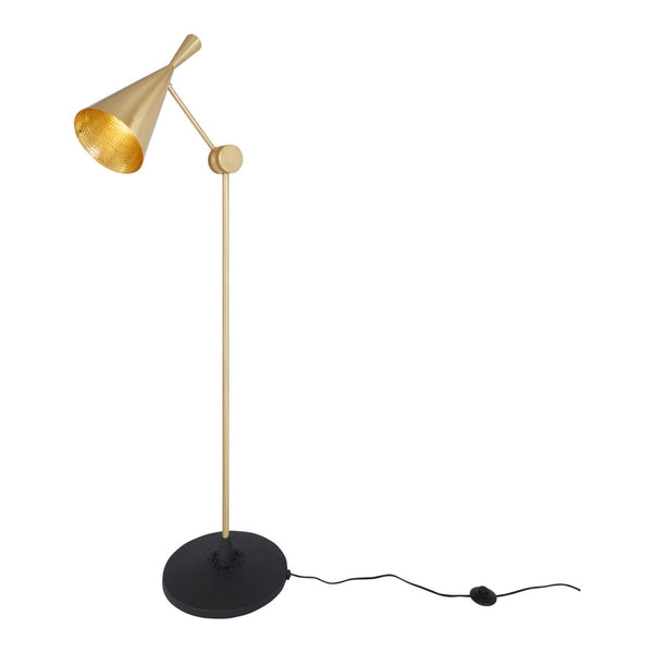 Gold conical lampshade with a sleek black base and elegant metallic finish, perfect for modern decor.