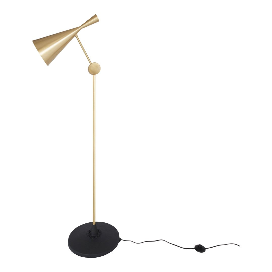 Gold metal floor lamp with a sleek black base and geometric cone shade. Modern design with minimalist aesthetic.