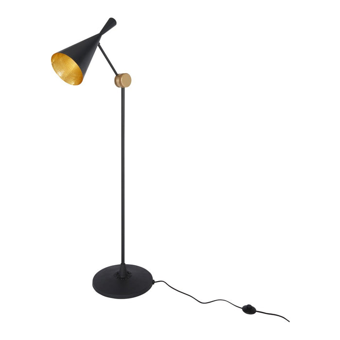 Black floor lamp with a gold interior shade, featuring a sleek, modern design and minimalist aesthetic.