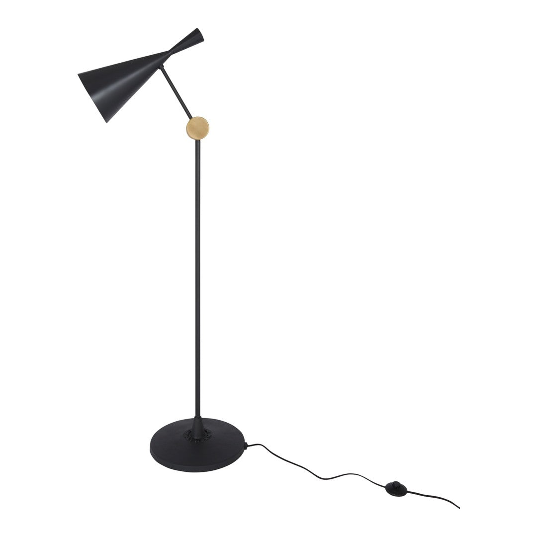 Black floor lamp with a sleek cone shade and wooden accent, featuring a minimalist design and modern style.
