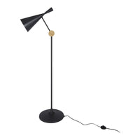 Black floor lamp with a sleek cone shade and wooden accent, featuring a minimalist design and modern style.