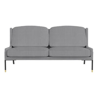 Gray fabric sofa with subtle textured pattern and black metal legs accented with gold details, perfect for modern decor.