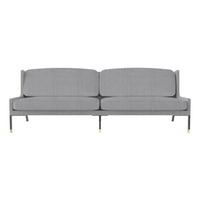 Modern light gray fabric sofa with sleek lines and subtle texture, featuring gold-tone metal legs.