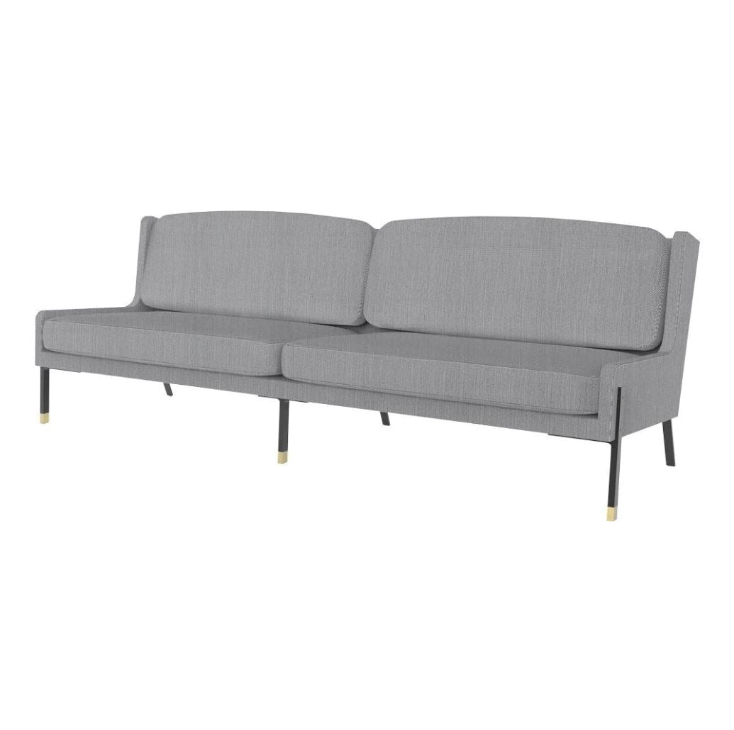 Gray upholstered sofa with a subtle textured pattern and sleek black legs featuring gold accents.