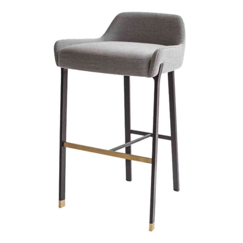 Gray upholstered bar stool with sleek black legs and gold accents, featuring a modern minimalist design.