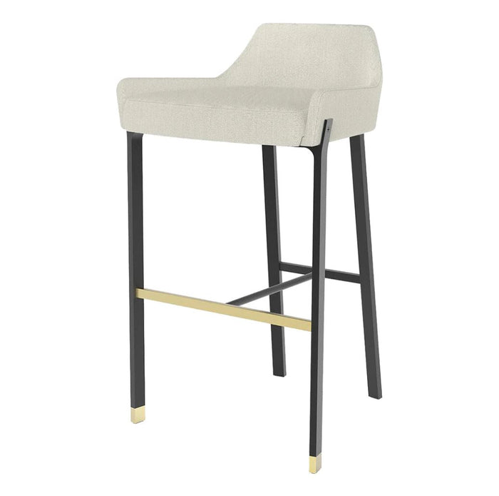Beige upholstered bar stool with black legs and gold accents, featuring a sleek, modern design.