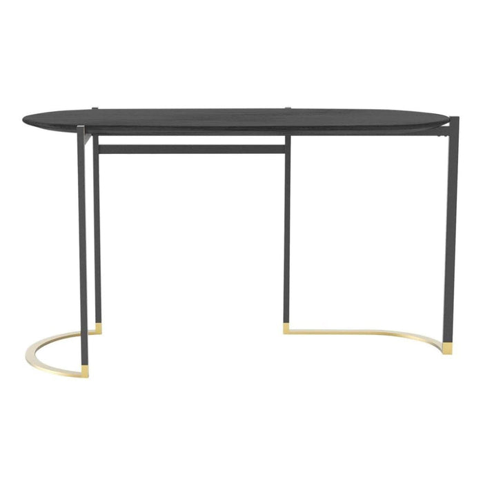 Sleek black wooden desk with gold accents and a modern geometric design. Perfect for contemporary decor.