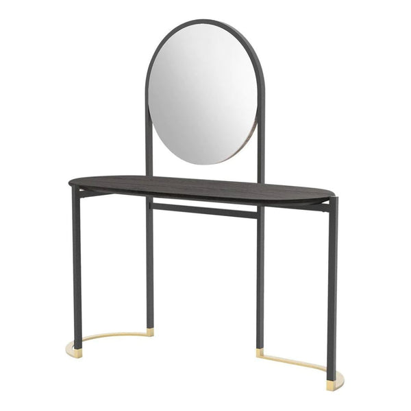Sleek black wood vanity table with round mirror and gold accents, featuring a modern minimalist design and smooth finishes.