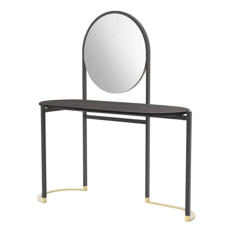 Sleek black wood vanity table with round mirror and gold accents, featuring a modern minimalist design and smooth finishes.