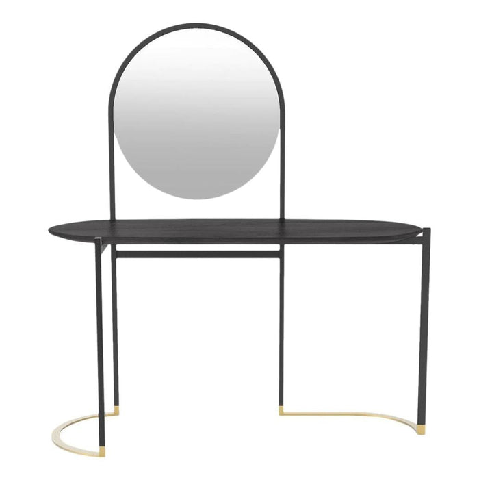 Black oval tabletop with sleek metal legs and a round mirror; gold accents add a touch of elegance.