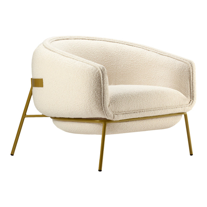 Cream-colored accent chair with a textured fabric and gold metal legs, showcasing a modern, minimalist design.