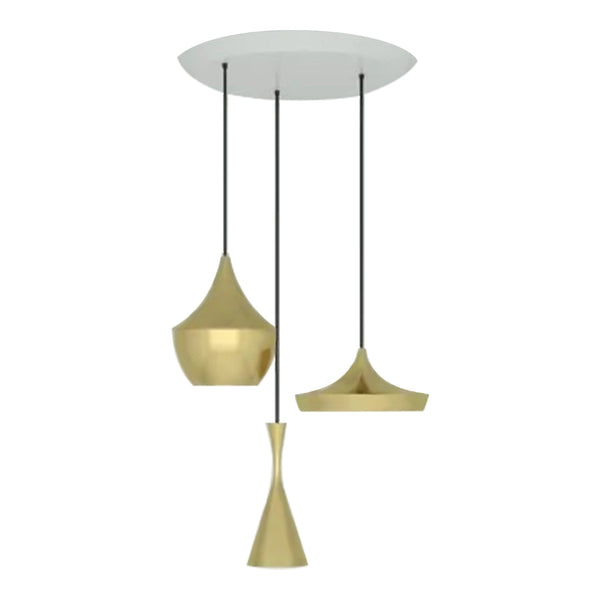 Modern pendant light featuring sleek gold tones and minimalist black wires, perfect for contemporary decor.