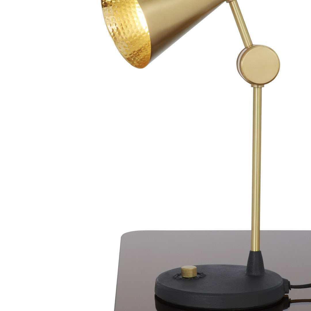 Gold and black modern desk lamp with a sleek conical shade and circular base, featuring a textured metallic finish.