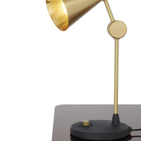 Gold and black modern desk lamp with a sleek conical shade and circular base, featuring a textured metallic finish.