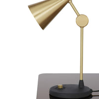 "Brass and black adjustable desk lamp with sleek, modern design."