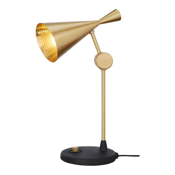Gold metal lamp with a sleek cone shade and a black round base, featuring a modern, minimalist design.
