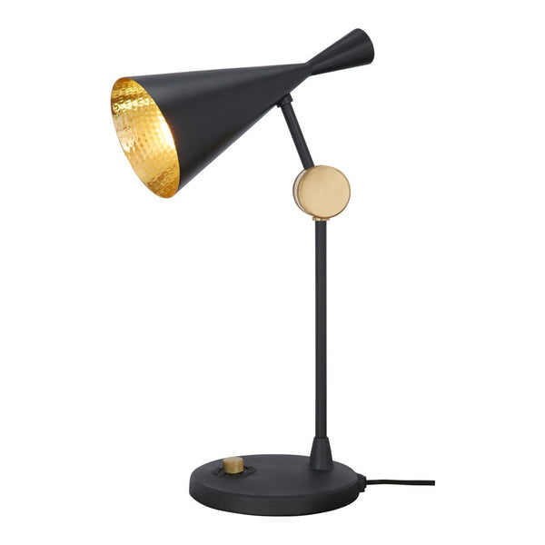 Black and gold modern desk lamp with a geometric cone shade, featuring a sleek matte finish and golden interior.