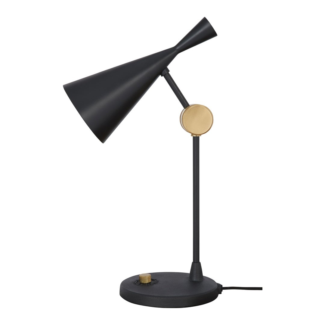 Black metal lamp with a sleek cone shade and a gold accent on the base, showcasing a modern minimalist design.